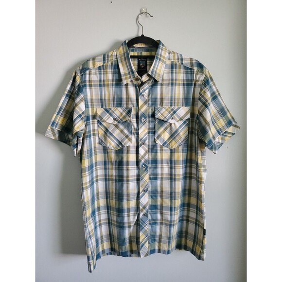 Kuhl Shirt Short Sleeve Button Up Plaid Hiking Fishing Mens Medium Blue Yellow - Picture 1 of 16